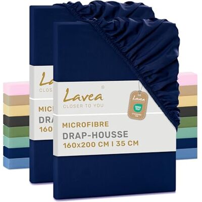 Lavea ® Set van 2 hoeslakens, 160 x 200 cm, microvezel, marineblauw Microvezel hoeslaken, 20 cm hoogte, met elastiek rondom, zacht, ademend, Oeko-Tex®-gecertificeerd Lavea ® Set van 2 hoeslakens, 160 x 200 cm, microvezel, marineblauw Microvezel hoeslaken, 20 cm hoogte, met elastiek rondom, zacht, ademend, Oeko-Tex®-gecertificeerd