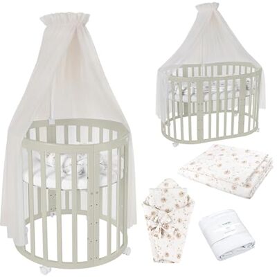 waldin Babybed, ovaal, 7-in-1, matras, wielen, plank, olijf waldin Babybed, ovaal, 7-in-1, matras, wielen, plank, olijf