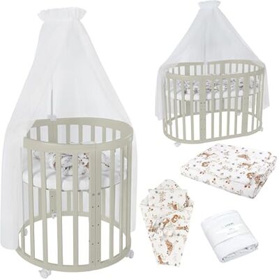 waldin Babybed, ovaal, 7-in-1, matras, wielen, plank, olijf waldin Babybed, ovaal, 7-in-1, matras, wielen, plank, olijf