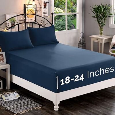 Elegant Comfort Superzacht hoeslaken van 45,7 61 cm met extra diepe zak voor hoge matrassen kreukvrij met slimme opbergzakken, kingsize bed, marineblauw Elegant Comfort Superzacht hoeslaken van 45,7 61 cm met extra diepe zak voor hoge matrassen kreukvrij met slimme opbergzakken, kingsize bed, marineblauw