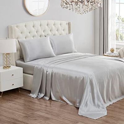 Juicy Couture , Zijdesatijnen beddengoedset voor tweepersoonsbed, zijdezachte satijnen beddengoedset met diepe zak met 1 hoeslaken, 1 laken en 2 kussenslopen, grijs Juicy Couture , Zijdesatijnen beddengoedset voor tweepersoonsbed, zijdezachte satijnen beddengoedset met diepe zak met 1 hoeslaken, 1 laken en 2 kussenslopen, grijs
