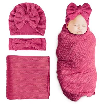 DRESHOW Pasgeboren babydeken voor meisjes met bijpassende hoed en hoofdband keuze voor pasgeboren douche, 1 set: hoed + haarband + deken (rood paars), Eén maat Eén maat DRESHOW Pasgeboren babydeken voor meisjes met bijpassende hoed en hoofdband keuze voor pasgeboren douche, 1 set: hoed + haarband + deken (rood paars), Eén maat Eén maat