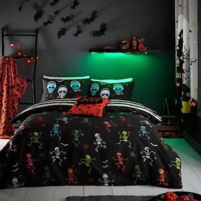 Bedlam Lichtgevend Halloween beddengoed voor kinderen, eenpersoonsformaat, dansende skeletten, griezelig beddengoed voor jongens en meisjes, onderhoudsvriendelijke microvezel, inclusief kussensloop Bedlam Lichtgevend Halloween beddengoed voor kinderen, eenpersoonsformaat, dansende skeletten, griezelig beddengoed voor jongens en meisjes, onderhoudsvriendelijke microvezel, inclusief kussensloop