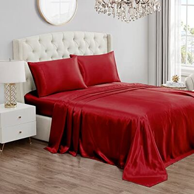 Juicy Couture Zijdesatijnen beddengoedset met diepe zakken, 1 hoeslaken, 1 laken en 2 kussenslopen, kreukvrij en pluisvrij, rood Juicy Couture Zijdesatijnen beddengoedset met diepe zakken, 1 hoeslaken, 1 laken en 2 kussenslopen, kreukvrij en pluisvrij, rood