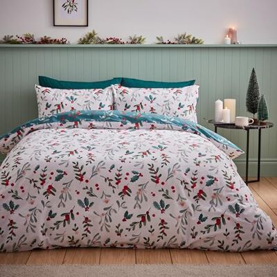 Catherine Lansfield Beddengoedset voor tweepersoonsbed, geborsteld katoen, dekbedovertrek en kussenslopen, motief hulst en maretak, wit/groen Catherine Lansfield Beddengoedset voor tweepersoonsbed, geborsteld katoen, dekbedovertrek en kussenslopen, motief hulst en maretak, wit/groen