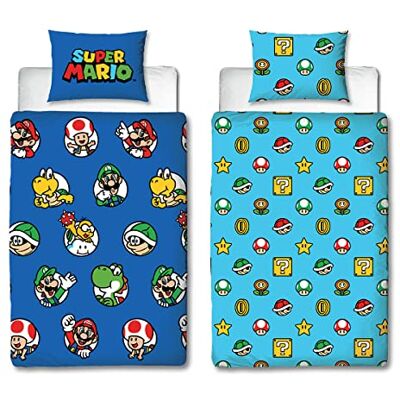 Character World Nintendo Super Mario beddengoedset voor eenpersoonsbed, omkeerbaar, blauw, met bijpassende kussensloop Character World Nintendo Super Mario beddengoedset voor eenpersoonsbed, omkeerbaar, blauw, met bijpassende kussensloop