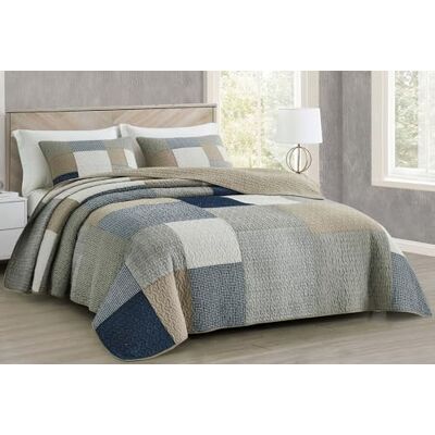 Chezmoi Collection Addy 3-delige beddengoedset met voorgewassen katoenen quilt, patchwork, marineblauw, wit, grijs, taupe, lichte omkeerbare sprei, queensize Chezmoi Collection Addy 3-delige beddengoedset met voorgewassen katoenen quilt, patchwork, marineblauw, wit, grijs, taupe, lichte omkeerbare sprei, queensize