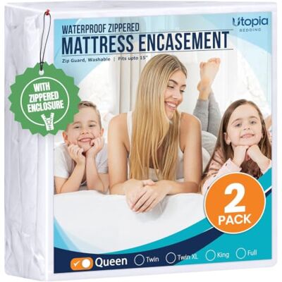 Utopia Bedding Set van 2 matrasbeschermers met ritssluiting voor tweepersoonsbed, 100% waterdicht en anti-bedwantsen, absorberende matrashoes met zes zijden Utopia Bedding Set van 2 matrasbeschermers met ritssluiting voor tweepersoonsbed, 100% waterdicht en anti-bedwantsen, absorberende matrashoes met zes zijden
