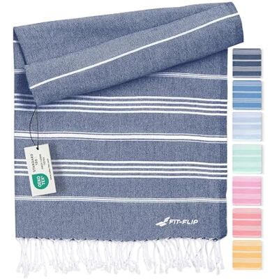 Fit-Flip Hamam Strandhanddoek, Fouta van 100% katoen, licht Turks laken Sultan Fouta saunahanddoek, sneldrogend, marineblauw, 100 x 200 cm Fit-Flip Hamam Strandhanddoek, Fouta van 100% katoen, licht Turks laken Sultan Fouta saunahanddoek, sneldrogend, marineblauw, 100 x 200 cm