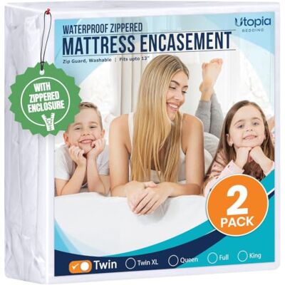 Utopia Bedding Set van 2 matrasbeschermers met ritssluiting voor eenpersoonsbed, 100% waterdicht en anti-bedwantsen, absorberende matrashoes met zes zijden Utopia Bedding Set van 2 matrasbeschermers met ritssluiting voor eenpersoonsbed, 100% waterdicht en anti-bedwantsen, absorberende matrashoes met zes zijden