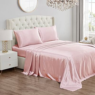Juicy Couture , Zijdesatijnen beddengoedset voor eenpersoonsbed, zijdezacht satijnen laken met diepe zak met 1 hoeslaken, 1 laken en 2 kussenslopen, roze Juicy Couture , Zijdesatijnen beddengoedset voor eenpersoonsbed, zijdezacht satijnen laken met diepe zak met 1 hoeslaken, 1 laken en 2 kussenslopen, roze