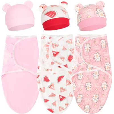 DRESHOW Set van inbakerdekens voor pasgeborenen, inbakermuts, bedrukt, slaapzak, verstelbaar, voor 0-3 maanden, meisjes en jongens, 3 Sets: Blankets + Bear Hats (Pink, Watermelon, Cat), Eén maat Eén maat DRESHOW Set van inbakerdekens voor pasgeborenen, inbakermuts, bedrukt, slaapzak, verstelbaar, voor 0-3 maanden, meisjes en jongens, 3 Sets: Blankets + Bear Hats (Pink, Watermelon, Cat), Eén maat Eén maat