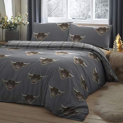 Fusion Beddengoed voor tweepersoonsbed, 200 x 200 cm, Highland koe, grijs, tartan en koe, omkeerbaar beddengoed van zacht geborsteld katoenflanel, boerderijdieren, 2 kussenslopen Fusion Beddengoed voor tweepersoonsbed, 200 x 200 cm, Highland koe, grijs, tartan en koe, omkeerbaar beddengoed van zacht geborsteld katoenflanel, boerderijdieren, 2 kussenslopen