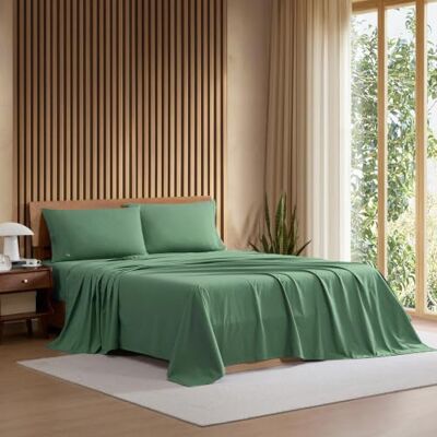 Lacoste 4-delige beddengoedset van 100% percal katoen, fris, scherp, mat en duurzaam, Oeko-Tex gecertificeerd, effen, groen, California King Lacoste 4-delige beddengoedset van 100% percal katoen, fris, scherp, mat en duurzaam, Oeko-Tex gecertificeerd, effen, groen, California King