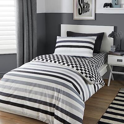 Bedlam Zwart en wit geruit beddengoed – eenpersoonsbed (200 x 140 cm) – zwart-wit gestreept beddengoed – omkeerbaar design – collectie Beckett Stripe Bedlam Zwart en wit geruit beddengoed – eenpersoonsbed (200 x 140 cm) – zwart-wit gestreept beddengoed – omkeerbaar design – collectie Beckett Stripe