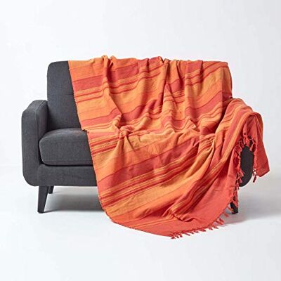HOMESCAPES Morocco Gestreepte Katoen Deken Terracotta Oranje handgeweven deken met franjes 225 x 255 cm HOMESCAPES Morocco Gestreepte Katoen Deken Terracotta Oranje handgeweven deken met franjes 225 x 255 cm