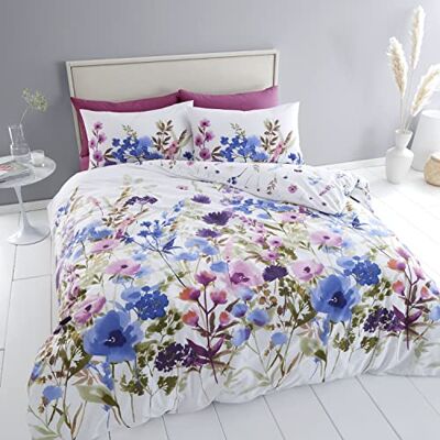 Catherine Lansfield Beddengoedset voor tweepersoonsbed, dekbedovertrek en kussenslopen, bloemenpatroon, roze/blauw Catherine Lansfield Beddengoedset voor tweepersoonsbed, dekbedovertrek en kussenslopen, bloemenpatroon, roze/blauw