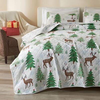 Great Bay Home 3-delige kerstbeddengoedset met kussenslopen, omkeerbare sprei met vakantiemotief, Holly-collectie (extra groot bed) Great Bay Home 3-delige kerstbeddengoedset met kussenslopen, omkeerbare sprei met vakantiemotief, Holly-collectie (extra groot bed)
