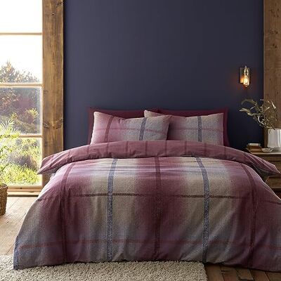 Catherine Lansfield Melrose Tweed Omkeerbare beddengoedset van geborsteld katoen met dekbedovertrek en kussenslopen, pruim Catherine Lansfield Melrose Tweed Omkeerbare beddengoedset van geborsteld katoen met dekbedovertrek en kussenslopen, pruim