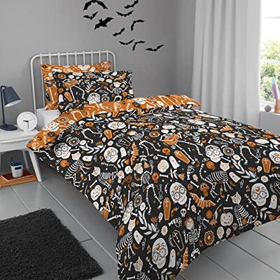 Bedlam Halloween Dag van de Doden dekbedovertrek Eenpersoonsbed (140 x 200 cm) Omkeerbaar (2 kleuren) Lichtgevend dekbed Skeletten, spoken, vleermuizen en schedels Beddengoed en Bedlam Halloween Dag van de Doden dekbedovertrek Eenpersoonsbed (140 x 200 cm) Omkeerbaar (2 kleuren) Lichtgevend dekbed Skeletten, spoken, vleermuizen en schedels Beddengoed en