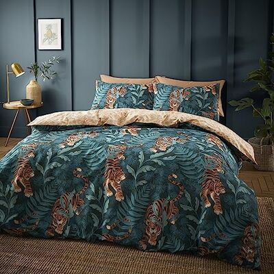 Catherine Lansfield Tropic Tiger Leaf Omkeerbare beddengoedset met dekbedovertrek en kussenslopen, groen Catherine Lansfield Tropic Tiger Leaf Omkeerbare beddengoedset met dekbedovertrek en kussenslopen, groen