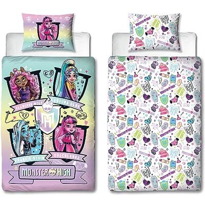 Character World Monster High Beddengoedset voor eenpersoonsbed, omkeerbaar, dubbelzijdig motief, met bijpassende kussensloop, perfect voor kinderkamer, polykatoen Character World Monster High Beddengoedset voor eenpersoonsbed, omkeerbaar, dubbelzijdig motief, met bijpassende kussensloop, perfect voor kinderkamer, polykatoen