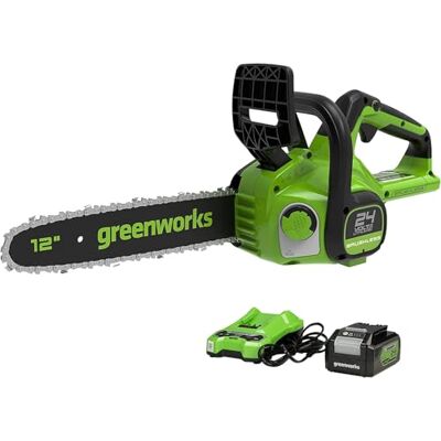 Greenworks GD24CS30K4 Accu-kettingzaag met borstelloze motor, kettinggeleidingslengte 30 cm, kettingsnelheid 7,8 m/s, automatische vetmachine, anti-terugslag, accu 24 V, 4 Ah, oplader, 3 jaar garantie Greenworks GD24CS30K4 Accu-kettingzaag met borstelloze motor, kettinggeleidingslengte 30 cm, kettingsnelheid 7,8 m/s, automatische vetmachine, anti-terugslag, accu 24 V, 4 Ah, oplader, 3 jaar garantie
