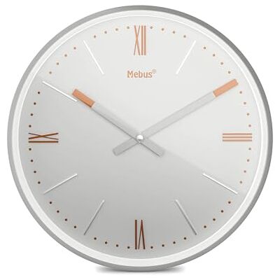 Mebus TinyTime 19779 Wandklok met Romeinse cijfers, wandklok zonder tikkend geluid, diameter 25 cm, klassieke lichtgrijze wijzerplaat, zilveren behuizing, koperkleurige accenten Mebus TinyTime 19779 Wandklok met Romeinse cijfers, wandklok zonder tikkend geluid, diameter 25 cm, klassieke lichtgrijze wijzerplaat, zilveren behuizing, koperkleurige accenten