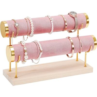 ProCase Afneembare armbandstandaard, gouden armbandorganizer te koop, fluwelen armbanddisplay met houten basis voor armbanden, scrunchies en horloges 2 niveaus, roze ProCase Afneembare armbandstandaard, gouden armbandorganizer te koop, fluwelen armbanddisplay met houten basis voor armbanden, scrunchies en horloges 2 niveaus, roze
