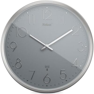 Mebus TinyTime Radiogestuurde wandklok zonder tikkend geluid, diameter 25 cm, moderne grijze wijzerplaat, zilveren behuizing Mebus TinyTime Radiogestuurde wandklok zonder tikkend geluid, diameter 25 cm, moderne grijze wijzerplaat, zilveren behuizing