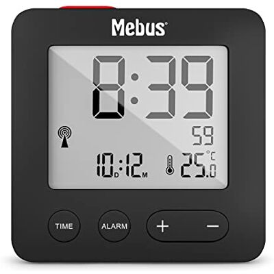 Mebus Apparaat met temperatuurweergave, compact in reisformaat, hoofdtelefoon (DCF77), alarm met hoorzitting (snooze), datum, displayverlichting, kleur: zwart, model: 25801 Mebus Apparaat met temperatuurweergave, compact in reisformaat, hoofdtelefoon (DCF77), alarm met hoorzitting (snooze), datum, displayverlichting, kleur: zwart, model: 25801