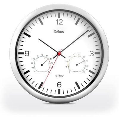 Mebus Kwartshorloge met thermometer en hygrometer/zilveren frame/wit wijzerplaat/25 cm diameter/rond/model: 56730 / kleur: zilver, wit Mebus Kwartshorloge met thermometer en hygrometer/zilveren frame/wit wijzerplaat/25 cm diameter/rond/model: 56730 / kleur: zilver, wit