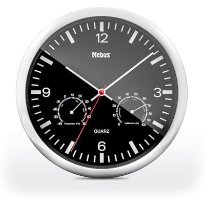 Mebus Kwartshorloge met thermometer en hygrometer/zilveren frame/zwart wijzerplaat/25 cm diameter/rond/model: 56731 / kleur: zilver, zwart Mebus Kwartshorloge met thermometer en hygrometer/zilveren frame/zwart wijzerplaat/25 cm diameter/rond/model: 56731 / kleur: zilver, zwart
