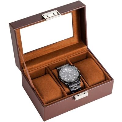 ProCase Horlogedoos voor heren, schokbestendig, met 3 vakken voor horlogekussen, opslag van horloges met glazen deksel, voor horloge-enthousiast, bruin ProCase Horlogedoos voor heren, schokbestendig, met 3 vakken voor horlogekussen, opslag van horloges met glazen deksel, voor horloge-enthousiast, bruin