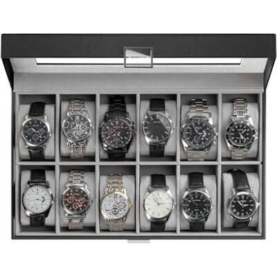 ProCase Horlogedoos met glazen deksel, horlogedoos, met kussen voor horloges, van PU-leer, 12 vakken, zwart ProCase Horlogedoos met glazen deksel, horlogedoos, met kussen voor horloges, van PU-leer, 12 vakken, zwart