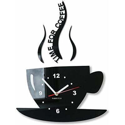 FLEXISTYLE Mok Tijd voor koffie Moderne keuken wandklok, zwart, 3D Romeinse, wandklok decoratie FLEXISTYLE Mok Tijd voor koffie Moderne keuken wandklok, zwart, 3D Romeinse, wandklok decoratie