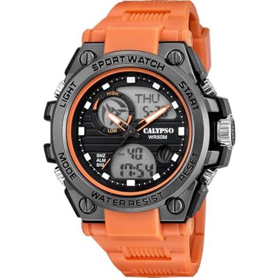 Calypso K5875/2 Street Style Digitaal analoog herenhorloge, rubber, oranje, kwarts, 5 ATM, datum, chronograaf, dubbele zone, licht, alarm, 12/24 uur Calypso K5875/2 Street Style Digitaal analoog herenhorloge, rubber, oranje, kwarts, 5 ATM, datum, chronograaf, dubbele zone, licht, alarm, 12/24 uur