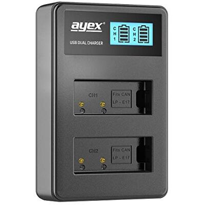 ayex Dual USB-oplader voor Canon LP-E17 accu's opladen via USB, laptop, powerbank of pc LCD-display met laadindicator ayex Dual USB-oplader voor Canon LP-E17 accu's opladen via USB, laptop, powerbank of pc LCD-display met laadindicator