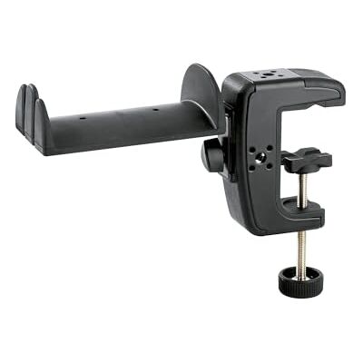 K&M 16085 Hoofdtelefoonhouder met tafelklem, zwart, staal, met rubberen houder voor 2 over-ear hoofdtelefoons K&M 16085 Hoofdtelefoonhouder met tafelklem, zwart, staal, met rubberen houder voor 2 over-ear hoofdtelefoons
