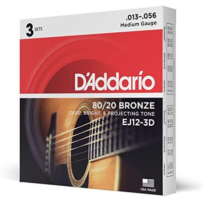 D'Addario Brons 80/20 akoestische gitaarsnaren voor 6-snarige gitaren, diep, licht, EJ12-3D, middelgroot, 13-56, 3 stuks D'Addario Brons 80/20 akoestische gitaarsnaren voor 6-snarige gitaren, diep, licht, EJ12-3D, middelgroot, 13-56, 3 stuks