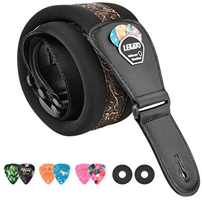 LEKATO Gitaarband voor elektrische en basgitaar, 7,6 cm breed, gevoerd, in lengte verstelbaar van 114,3 cm tot 139,7 cm, basgitaarband met plectrumhouder en plectrums Regular(( 45" to 55") LEKATO Gitaarband voor elektrische en basgitaar, 7,6 cm breed, gevoerd, in lengte verstelbaar van 114,3 cm tot 139,7 cm, basgitaarband met plectrumhouder en plectrums Regular(( 45" to 55")