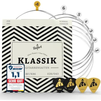 Belfort ® Set van 6 klassieke gitaarsnaren van nylon met zilveren coating Verzilverde nylon snaren met extra hoge E-snaar, 4 plectrums en e-book voor concertgitaar en klassieke gitaar Belfort ® Set van 6 klassieke gitaarsnaren van nylon met zilveren coating Verzilverde nylon snaren met extra hoge E-snaar, 4 plectrums en e-book voor concertgitaar en klassieke gitaar