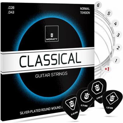 MORIATY ® Gitaarsnaren klassieke gitaar, snaren voor klassieke gitaar gemaakt van nylon en zilver, akoestische gitaar (7-snarige set) INCLUSIEF: 4 plectrums + extra hoge E-snaar MORIATY ® Gitaarsnaren klassieke gitaar, snaren voor klassieke gitaar gemaakt van nylon en zilver, akoestische gitaar (7-snarige set) INCLUSIEF: 4 plectrums + extra hoge E-snaar