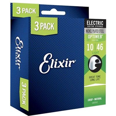 Elixir Set van 3 verpakkingen van 6 elektrische gitaarsnaren van vernikkeld staal met OPTIWEB-coating, helder en duurzaam geluid met comfortabel gevoel, schieten "Light" 10-46 Elixir Set van 3 verpakkingen van 6 elektrische gitaarsnaren van vernikkeld staal met OPTIWEB-coating, helder en duurzaam geluid met comfortabel gevoel, schieten "Light" 10-46