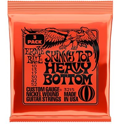Ernie Ball Skinny Top Heavy Bottom Slinky 3 sets met nikkel omwikkelde snaren voor elektrische gitaar, diktes 10-52. Ernie Ball Skinny Top Heavy Bottom Slinky 3 sets met nikkel omwikkelde snaren voor elektrische gitaar, diktes 10-52.