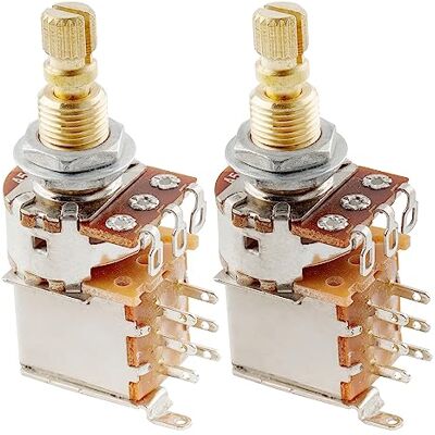 Musiclily A500K Metrische Coarse 18-Spline Split Schacht Audio Potentiometers Alle Messing Push/Push Type voor Elektrische Gitaar (Set van 2) Musiclily A500K Metrische Coarse 18-Spline Split Schacht Audio Potentiometers Alle Messing Push/Push Type voor Elektrische Gitaar (Set van 2)