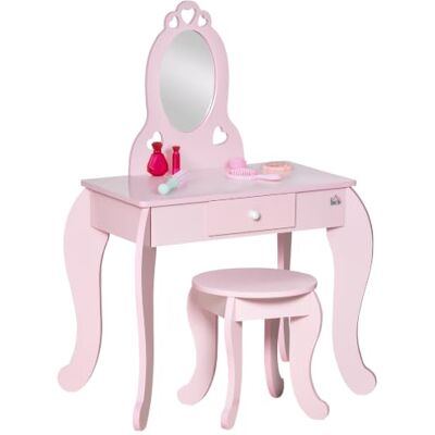 HOMCOM Kaptafel voor kinderen, meisjeskruk, incl. 60 x 36 x 88 cm, roze Girly design met hartmotieven, lade, spiegel, MDF HOMCOM Kaptafel voor kinderen, meisjeskruk, incl. 60 x 36 x 88 cm, roze Girly design met hartmotieven, lade, spiegel, MDF