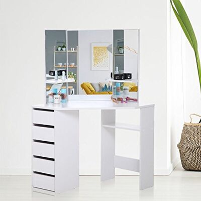 Makika Houten hoekkaptafel met verstelbare ovale spiegel met 5 laden, wit Makika Houten hoekkaptafel met verstelbare ovale spiegel met 5 laden, wit