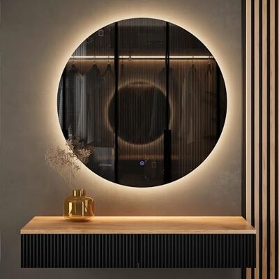 Planetmöbel Nova Hangkast consoletafel 100 cm met spiegel met ronde verlichting (zonder lijst), wandconsole 100 x 16 x 35 cm (eiken goud/zwart), wandspiegel Nova 80 x 80 cm Planetmöbel Nova Hangkast consoletafel 100 cm met spiegel met ronde verlichting (zonder lijst), wandconsole 100 x 16 x 35 cm (eiken goud/zwart), wandspiegel Nova 80 x 80 cm