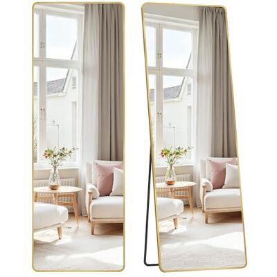 SONGMICS Spiegel in volledige lengte, 160 x 50 cm, rechthoekig met standaard, frame van aluminiumlegering, gehard glas, voor slaapkamer, woonkamer, kleedkamer, lichtgoud LFM030A01 SONGMICS Spiegel in volledige lengte, 160 x 50 cm, rechthoekig met standaard, frame van aluminiumlegering, gehard glas, voor slaapkamer, woonkamer, kleedkamer, lichtgoud LFM030A01